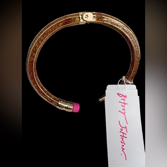 New BETSEY Johnson Gold Glitter Pencil Hinged Cuff Bracelet Back To School - Picture 7 of 16